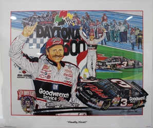 Dale Earnhardt "Finally, First" Autographed by Larry McReynolds Numbered Sam Bass 27" X 32" Print Larry McReynolds, Sam Bass, Dale Earnhardt, 1998 Winston Cup Champion, Monster Energy Cup Series, Winston Cup, Poster